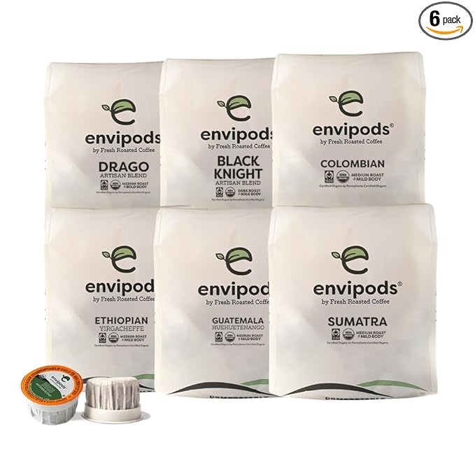 Fresh Roasted Coffee, Organic envipods Variety Pack, BPI Compostable, USDA Organic, Kosher 72 Count for K Cup Brewers Not for use in Ninja or Hamilton Beach Brewers