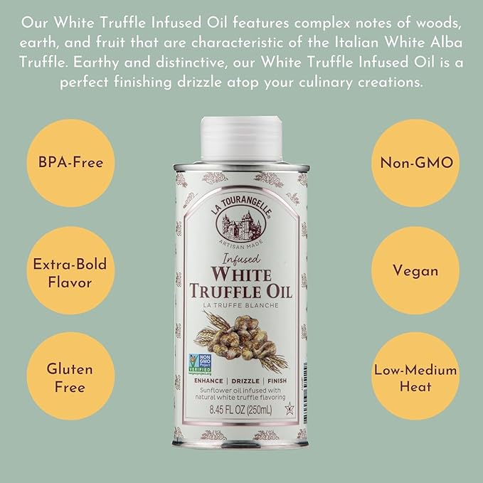 La Tourangelle, Infused Trio of Oils - Basil Oil, Garlic Oil, White Truffle Oil,Complex Gourmet Earthy Flavor for Drizzling over Pasta, Popcorn, Vegetables, Potatoes, Soup and More, 8.45 Fl Oz (Set of 3)