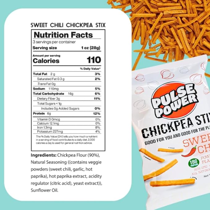 Pulse Power Chickpea Stix - Crunchy Snacks, High Protein, Gluten Free, Non-GMO, Vegan (3 pack, 3 oz) (Sweet Chili)