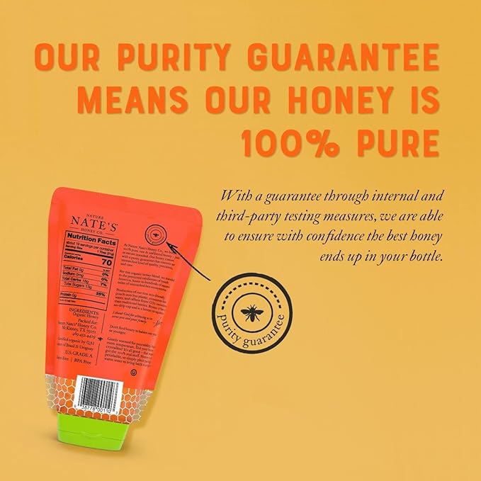 Nature Nate's 100% Pure USDA Organic Raw & Unfiltered Honey, Two 14 oz. No-Drip Sustainable Squeeze Pouches; Purity Guarantee, No Additives
