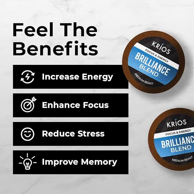 Krios Coffee Brilliance Coffee Pods, Enhance Energy & Focus with Essential Vitamins, L-Theanine, Bacopa Monnieri & Rhodiola Rosea, Medium Roast, Smooth, 16 Ct
