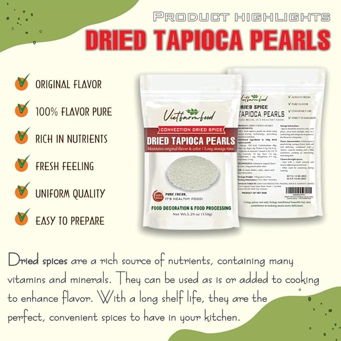 DRIED TAPIOCA PEARLS 5.29 Oz (150g) VIETFARMFOOD: Natural pure, convection dried seasoning made from real vegetables - perfect for adding flavor to any meal, from cooking, baking, salads, sauces