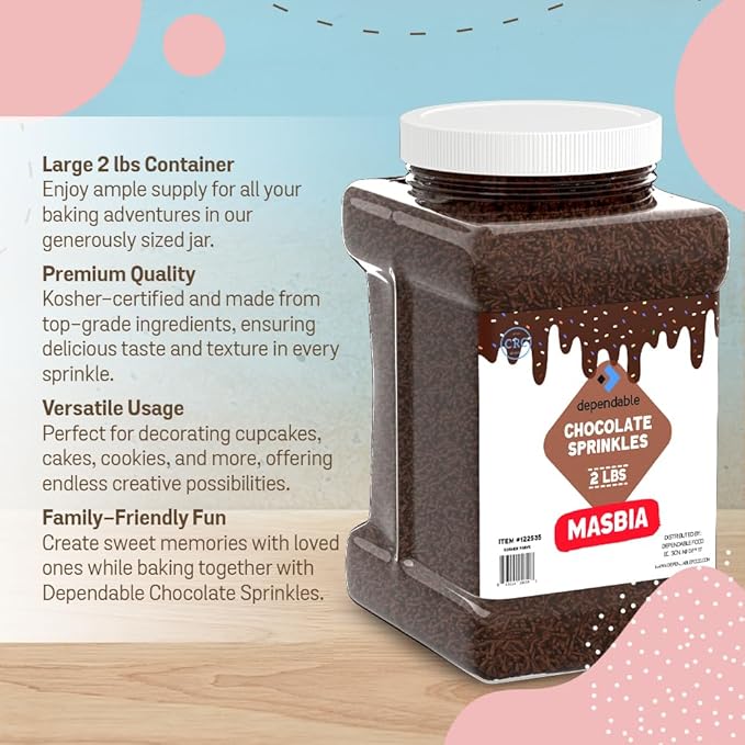 Dependable Food Chocolate Sprinkles - 2 Lb. Bulk Container - Gluten-Free, Kosher, Brown Jimmies for Cake Decorating, Cupcakes & More - Resealable Jar