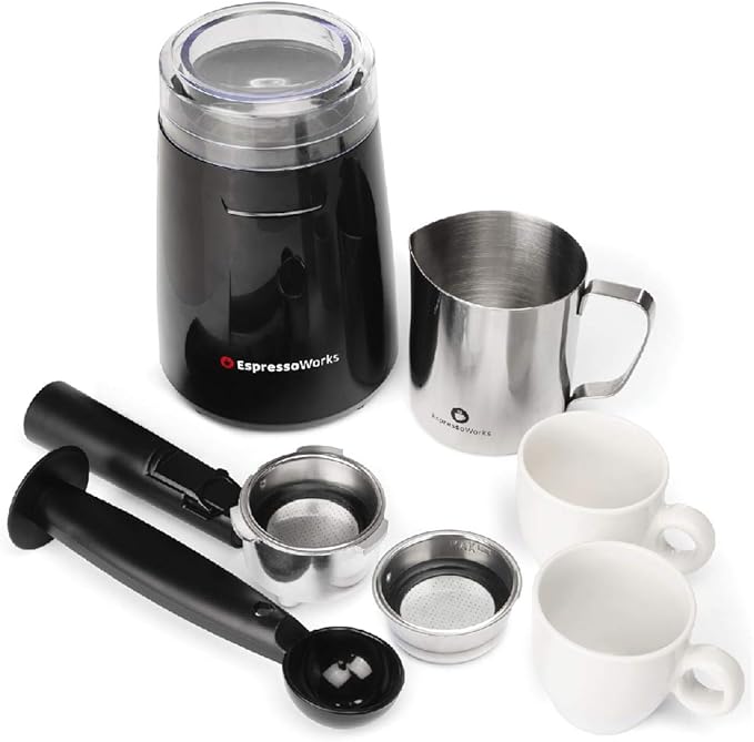 EspressoWorks All-In-One Espresso Machine with Milk Frother 7-Piece Set - Latte Maker Includes Grinder, Frothing Pitcher, Cups, Spoon and Tamper - Coffee Gifts (Blue)
