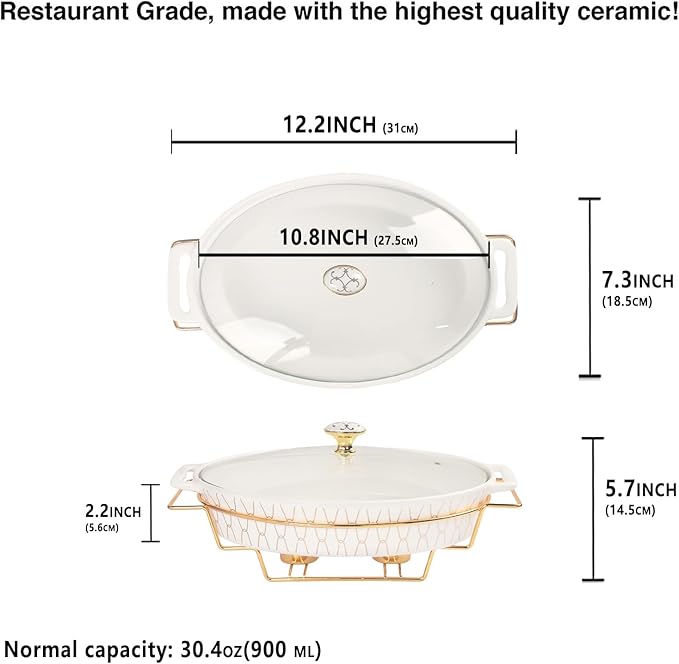 10" x 7" Ceramic Oval Casserole Dish with Glass Lid and Gold rack, 30 ounce Serving Soup Tureen,Chafing Dish for Buffet, Family Food preserve Tray, Catering Casserole for Party Style