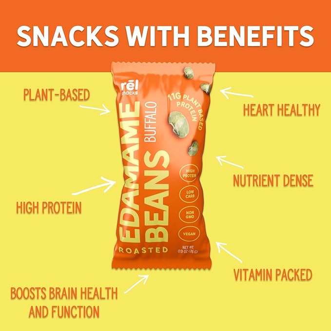 R휆l Snacks Buffalo Roasted Edamame ??High Protein Low Carb Snack (11g Protein per Serving) ??Keto-Friendly, Vegan, Non-GMO ??10-Pack 0.9oz Bags