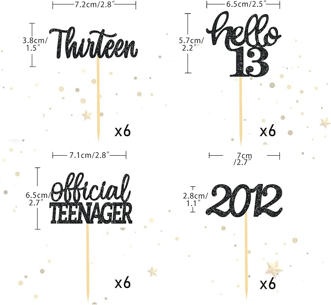 24Pcs Glitter 13th Birthday Cupcake Toppers, Hello 13th Birthday Cake Topper- 13th Birthday Decorations for Celebrating Official Teenager Thirteen Years Old Birthday Party Supplies (Black)