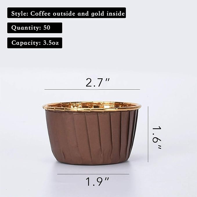 Party Hippo Disposable Foil Muffin Liners, Gold Aluminum Cupcake Ramekin Holders, Little Baking Cups (Coffee), 3.5 Oz 50 pcs