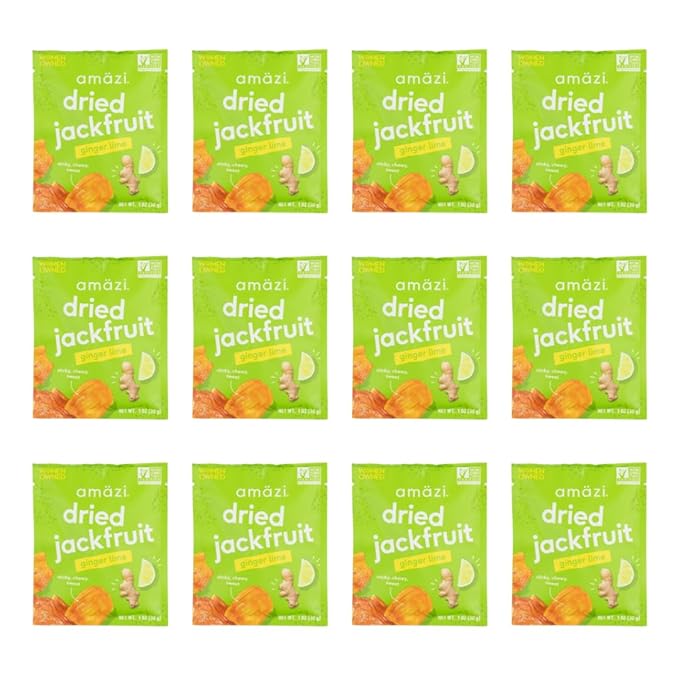 Am채zi Foods | Ginger Lime Dried Jackfruit (12 Pack) | All Natural Mini Travel Snacks | Gluten Free Healthy Dried Fruit Snacks