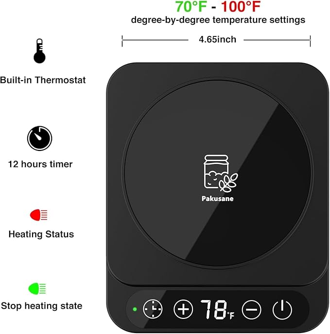 Sourdough Starter Warmer (Jar Not Included)– Precise 1°F Thermostat (70–100°F), Auto Heating On/Off, 12H Timer, Ideal for Consistent Fermentation in Any Kitchen Basic-BLK