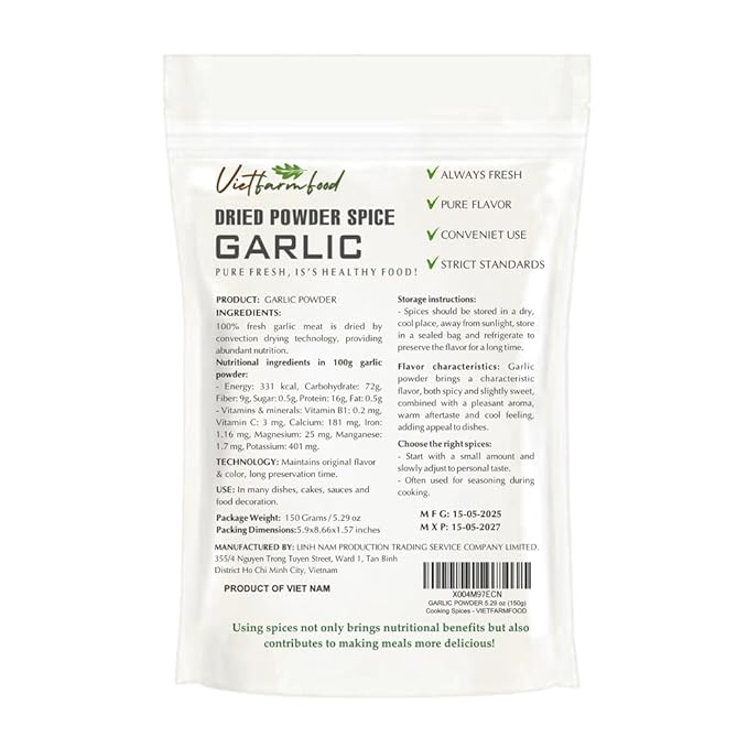 GARLIC POWDER 5.29 Oz (150g) VIETFARMFOOD: Natural pure, convection dried seasoning made from real vegetables - perfect for adding flavor to any meal, from cooking, baking, salads, soups, sauces