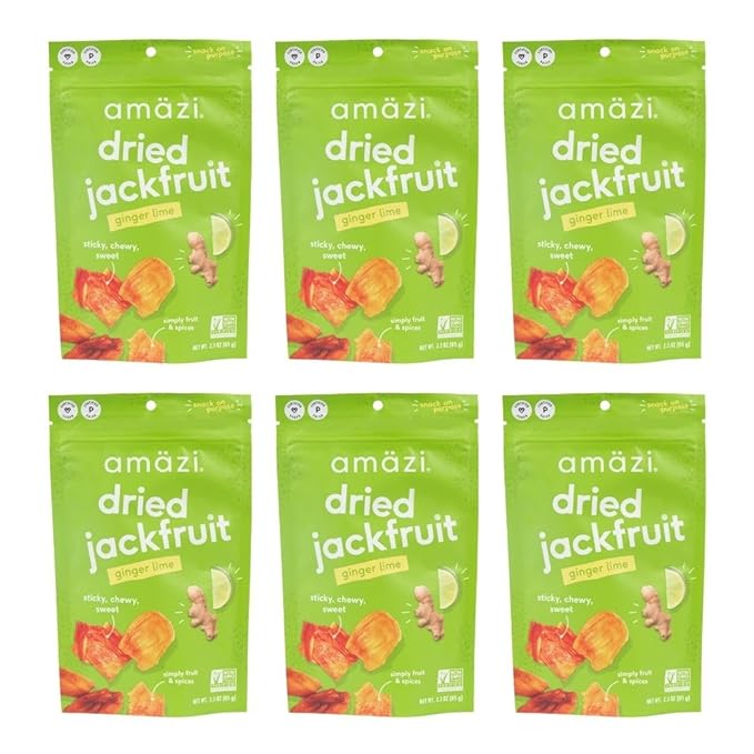 Am채zi Foods | Ginger Lime Dried Jackfruit (6 Pack) | All Natural Snacks | Gluten Free Healthy Dried Fruit Snacks