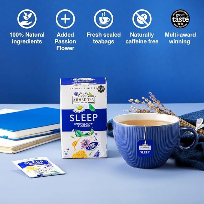 Ahmad Tea Herbal Tea, Camomile, Honey, & Lavender 'Sleep' Natural Benefits Teabags, 20 ct (Pack of 1) - Decaffeinated & Sugar-Free