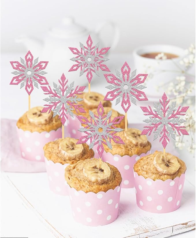 24PCS Glitter Snowflake Cupcake Toppers for Snowflake Decorations, Frozen Snowflake Cake Topper, Christmas Snowflake Cake Picks for Winter Decorations (Mix Pink)