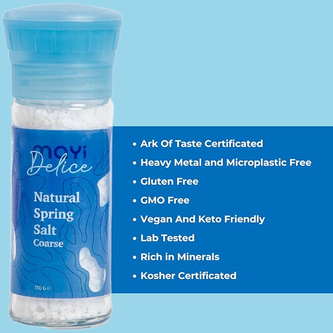 MAYİ Ancient Natural Spring Salt Coarse Grain Grinder 3.8 oz - Hand-Harvested, Kosher, Microplastic-Free, Mineral-Rich, Chemical-Free, Non-GMO, Diamond Crystal Grain, Unrefined Salt for Cooking, Grilling, Baking, Canning & Pickling, Low Sodium Diets