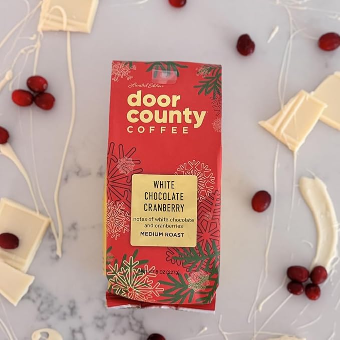 Door County Coffee White Chocolate Cranberry Flavored Coffee Ground - 8oz Bag - Holiday Seasonal - Medium Roast - 100% Specialty Arabica
