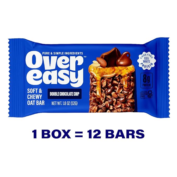 OVER EASY Double Chocolate Chip Oatmeal Breakfast Bars - Granola and Protein Bars -12 Energy Snack Bars - Clean, Organic, Gluten Free, Dairy Free, Soy Free and Kosher (Double Chocolate Chip, 12 Count