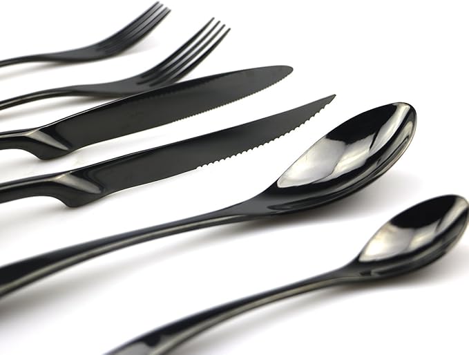JASHII 18/10 Stainless Steel 24 Piece Mirror Polished Black Flatware Set,Dinner Knife Steak Knife Salad Fork Dessert Coffee Spoon,Service for 4 ,Black Utensil Sets