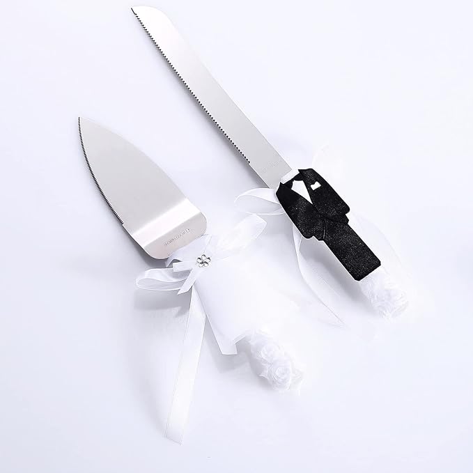 TANG SONG Rustic Wedding Cake Knife and Serving Set Bride & Groom Feature Wedding Cake Knife & Server Set (Set of 2)