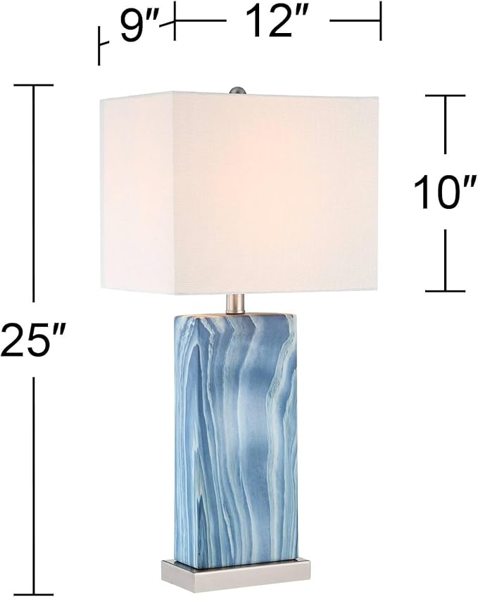 360 Lighting Connie Modern Table Lamps 25" Tall Set of 2 with USB Charging Ports Blue Faux Marble White Rectangular Shade for Bedroom Living Room House Desk Bedside Nightstand Office Family