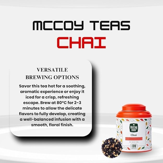 McCoy Teas Chai Tea Flavored Black Loose Leaf Tea Make Hot or Cold Ice and Brews with Premium Tea from Sri Lanka, 100g Can (Pack of 01)