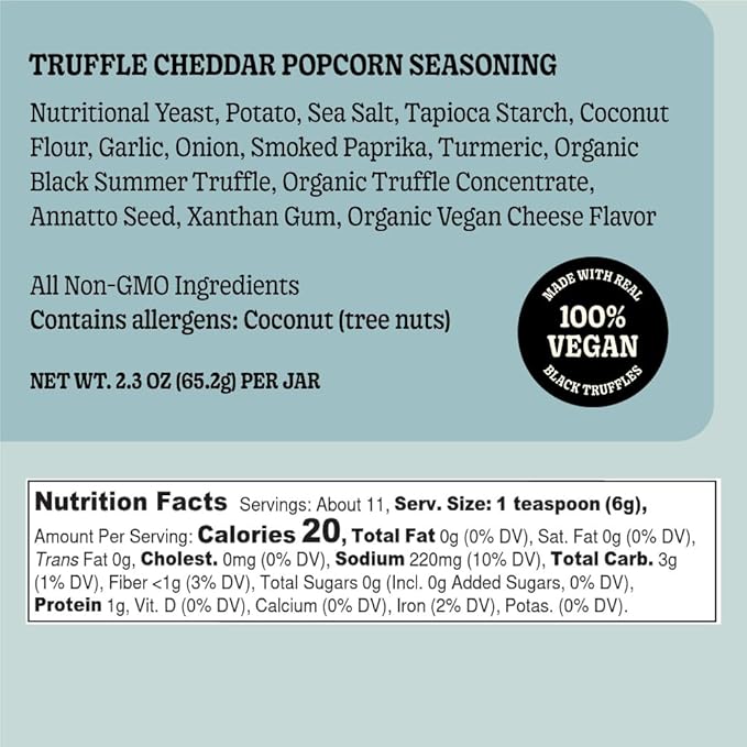 GrownAs Truffle Cheddar Popcorn Seasoning, 2.3 Oz. - Real Black Summer Truffle & Vegan Cheese Flavor, Dairy Free, Soy Free, Non-GMO - Veggies, Noodles & Soup