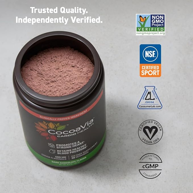 CocoaVia Cardio Health Cocoa Powder, 30 Servings, 500mg Cocoa Flavanols, Support Heart Health, Boost Nitric Oxide, Improve Circulation, Energy, Preworkout, Vegan, Dark Chocolate Cacao