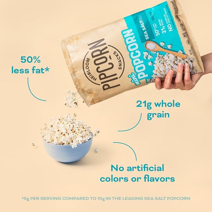 Mini Heirloom Popcorn by Pipcorn - Sea Salt,1oz 24pk - Healthy Snacks, Gluten Free Snacks, Snack Packs, Heirloom Corn, Salty Snacks