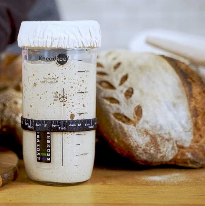 Sourdough Starter Jar With Date Marked Feeding Band, Thermometer, Sourdough Jar Scraper, Sourdough Container Sewn Cloth Cover & Metal Lid, Sourdough Starter Kit (2 Pack)