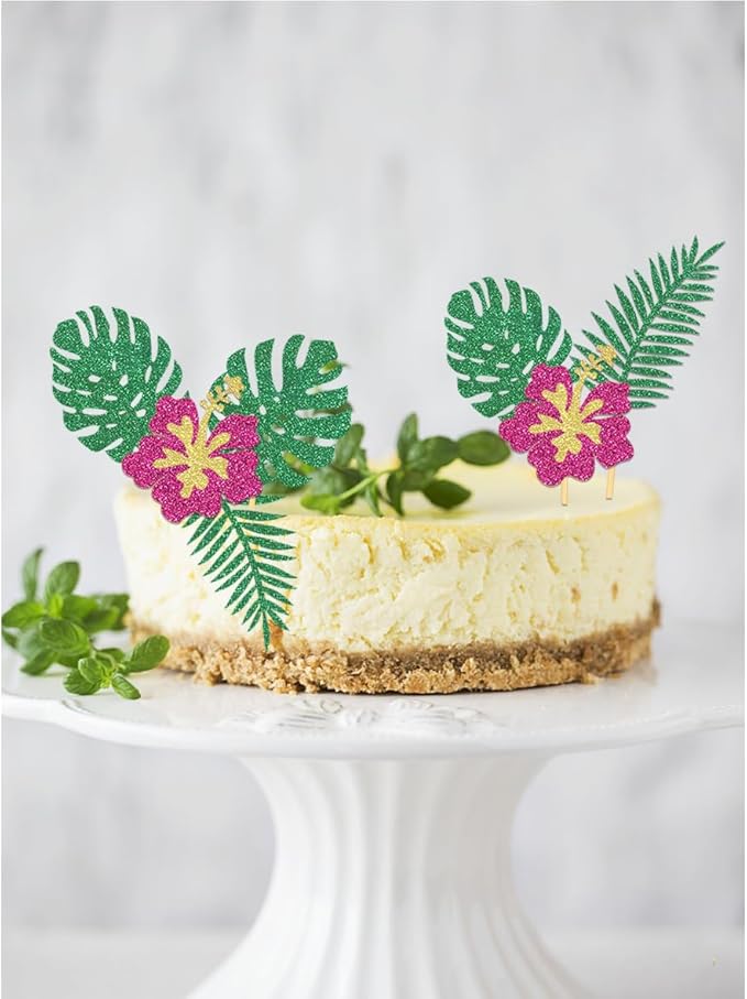 24Pcs Glitter Tropical Cupcake Toppers, Palm Tree Cake Topper Aloha Cupcake Picks Flower Cupcake Decorations for Luau Hawaiian Theme Baby Shower Birthday Party Supplies(Leaves B)