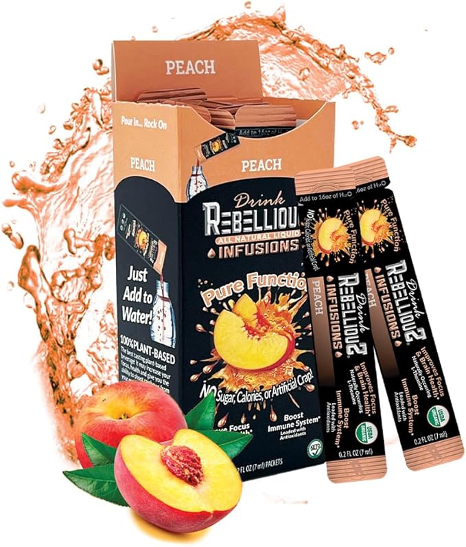 Rebellious Peach Organic Drink Mix ??Organic Zero Calorie Energy Drink Mix | Monk Fruit & Green Tea Extract | L-Theanine + Natural Caffeine | 100% Plant-Based | Pack of 10 | Keto, Kosher, Gluten-Free