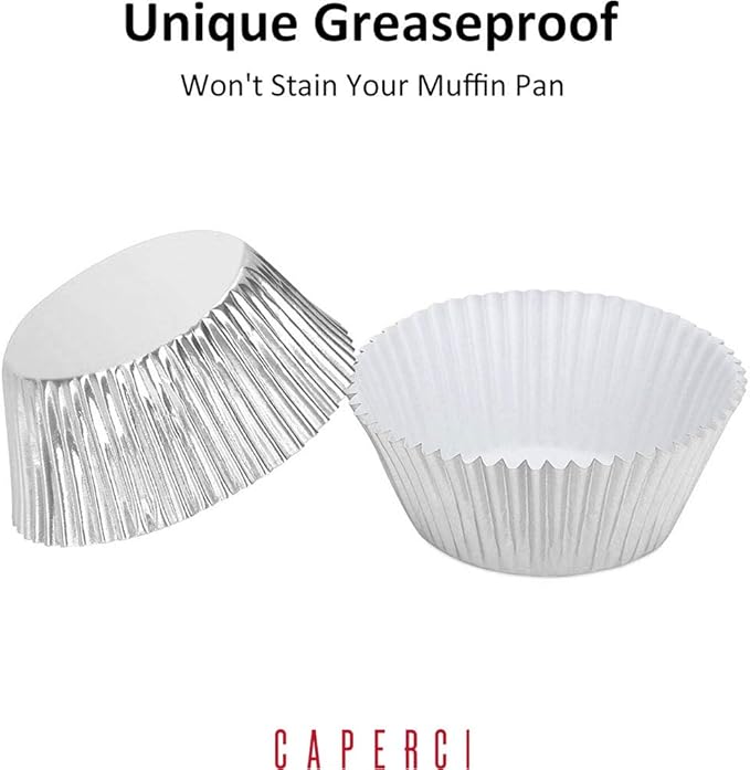 Caperci Silver Foil Cupcake Muffin Liners Standard Size Baking Cups 150-Pack - Premium Greaseproof & Sturdy