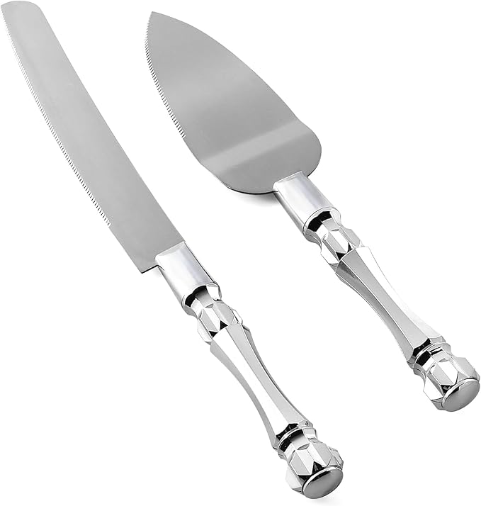 Cake Knife and Server Set, Cake Cutter and Pie Spatula, Cake Server and Knife Set with Acrylic Crystal Handles, Cake Cutting Set for Wedding Cake ??1.2mm Thick Blades, Birthdays, and Parties (Silver)