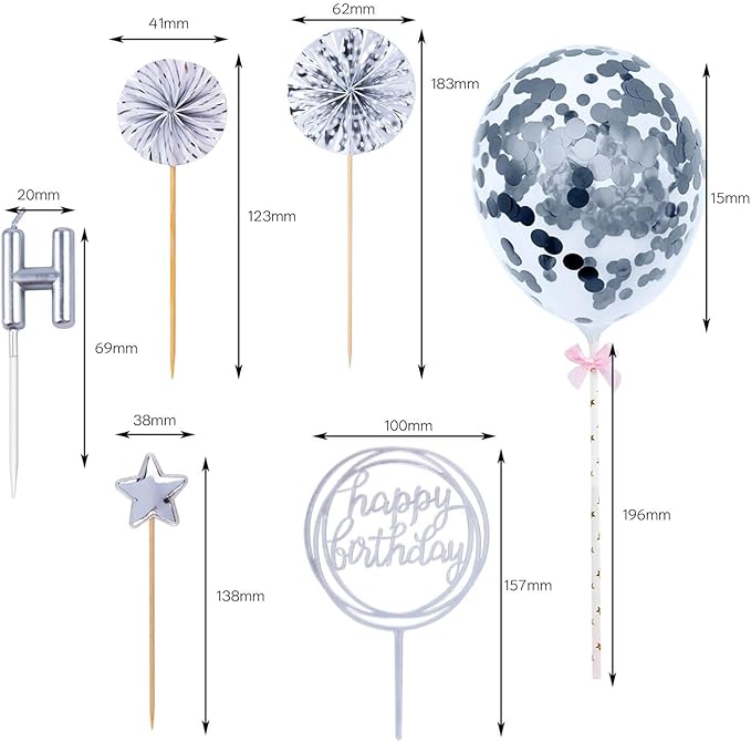 BEAN LIEVE Birthday Candles Set - Cake Topper Decoration with Cake Candles Confetti Balloon Stars and Fan Cupcake Toppers 12 Pieces Birthday Cake Decor for Birthday Party Celebration (Silver)