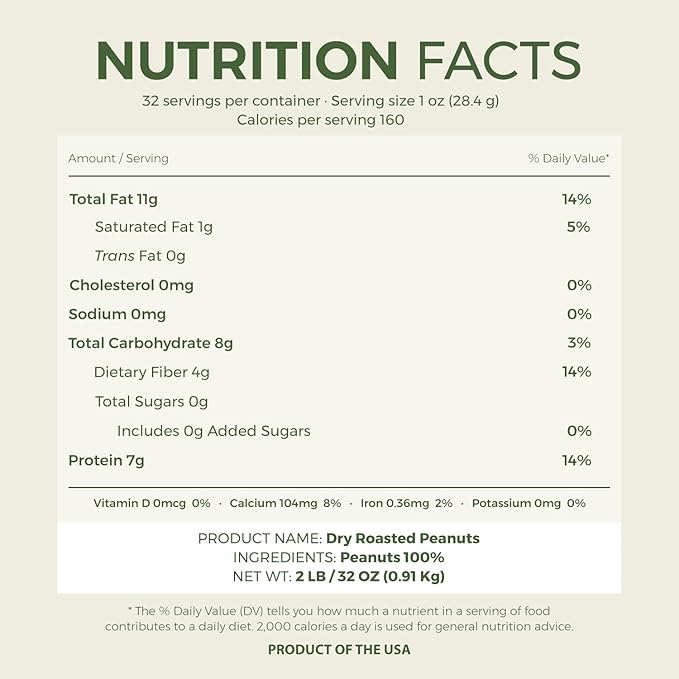 Beyond Nature Dry Roasted Peanuts ??Unsalted 2 Pound (32 oz) Vacuum Sealed Non GMO, No Oil & No Salt, Low Carb, Keto Friendly & Vegan Snack