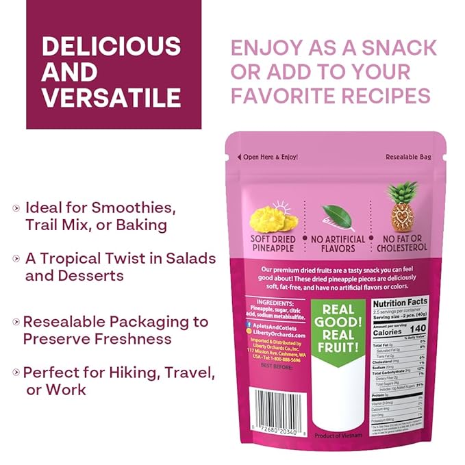 Liberty Orchard Organic Whole Dried Pineapple - Deliciously Sweet Dried Fruit Snack Packed with Fiber & Vitamins Vitamins - Healthy Snack Ideal for Smoothies, Salads, & Baking - 5 Pack