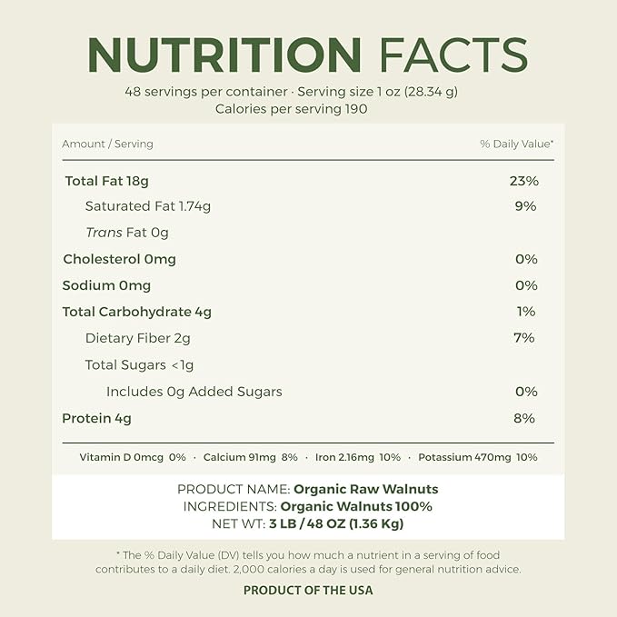 Beyond Nature Organic Raw Walnuts ??Unsalted 3 Pound (48 oz) Vacuum Sealed, Non GMO, No Salt, Low Carb, Keto Friendly & Vegan Snack