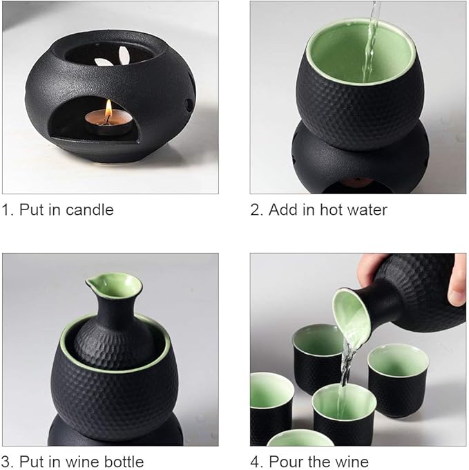 Ceramic Sake Set Cups with Warmer Keep Sake Storage Box, Traditional Porcelain Pottery Hot Saki Drink, 9pcs include 1 Stove 1 Warming Bowl 1 200ml Sake Bottle 6 Cup