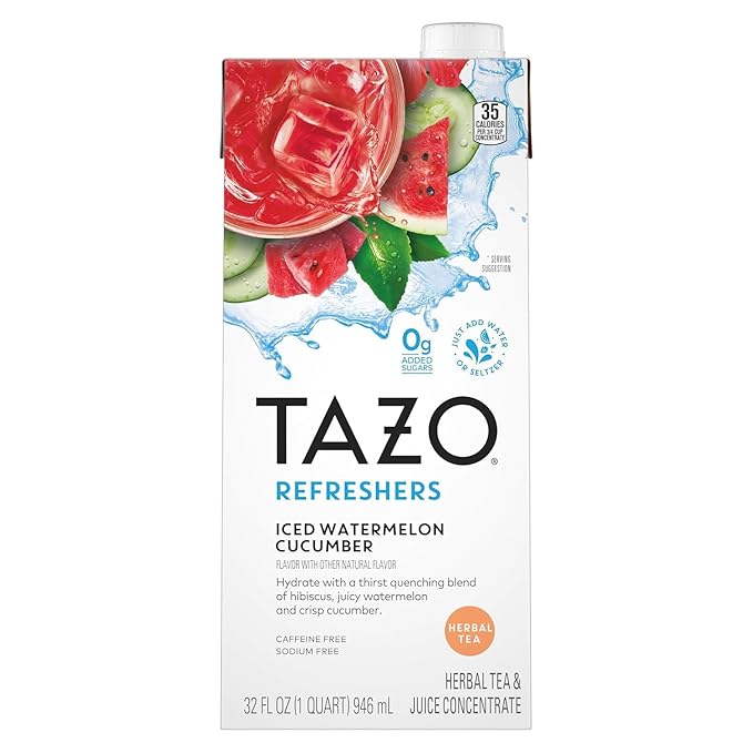TAZO Tea Concentrate, Organic Skinny Chai Latte, Refreshers Iced Watermelon Cucumber, & Iced Peach Mango 32 Fl Oz (1ea) (Variety Pack)