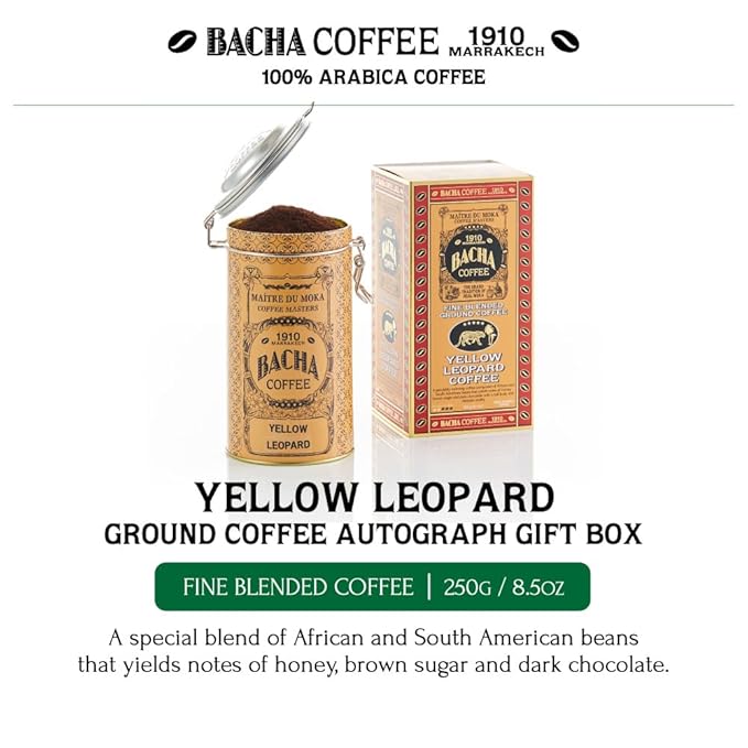 Bacha Coffee | Yellow Leopard Fine Blended Coffee, Autograph Collection, 100% Arabica Specialty Coffee, Ground Beans, Medium Roast, 250g