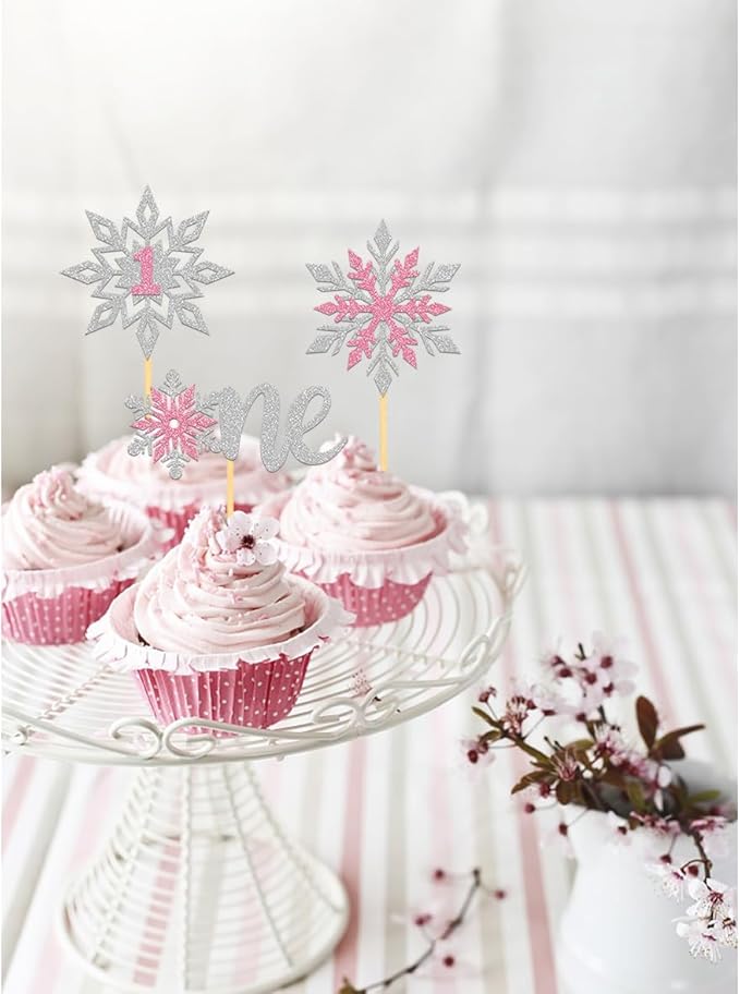 24PCS Glitter Snowflake 1st Birthday Cupcake Toppers, Frozen Snowflake One Cake Topper for Winter 1st Birthday Decorations, Snowflake Baby Shower Decorations (1st pink)