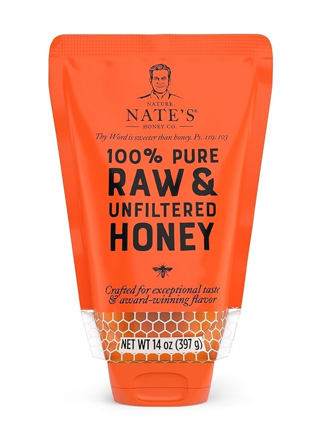 Nate's 100% Pure, Raw & Unfiltered Honey, No-Drip Sustainable Squeeze Pouch; Purity Guarantee, No Additives, 14 Ounce