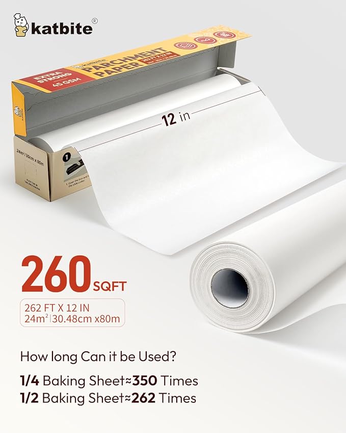 Katbite Heavy Duty Parchment Paper Roll for Baking, 12 in x 524 ft Non-Stick Baking Paper for Cooking, Baking Cookies, Grilling, Air Fryer and Steaming