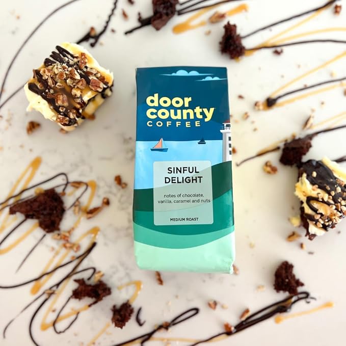 Door County Coffee - Sinful Delight DECAF, Chocolate, Vanilla, Caramel and Hazelnut Flavored Ground Coffee - Medium Roast, 283g