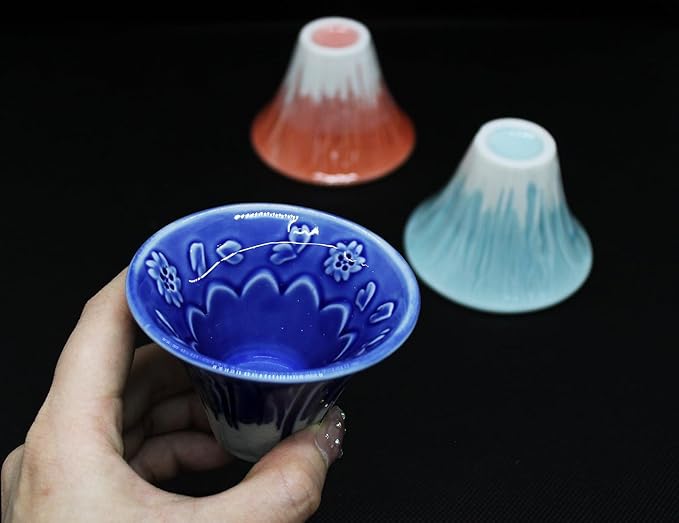 Japanese Sake Cup Mount Fuji Design Wine Soju Porcelain Ochoko Gifts (Snow Fuji, 1 Ochoko)