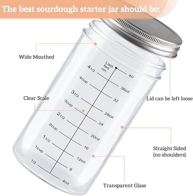 Sourdough Starter Jar Kit, 40 OZ 2 Pack Sourdough Starter Jar with Date Marked Feeding Band, Thermometer, Scraper, Sewn Cloth Cover and Metal Lid. Sour Dough Bread Baking Supplies