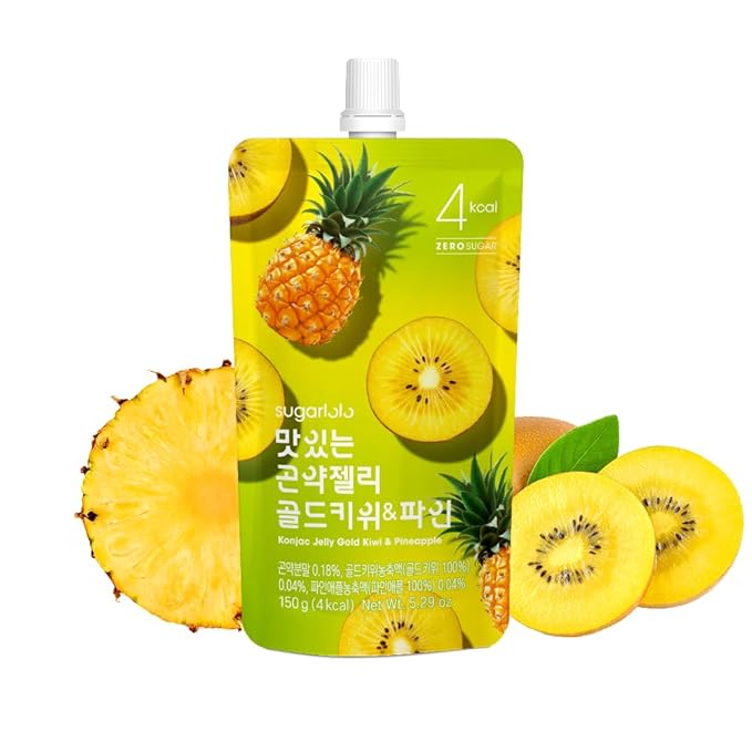 Sugarlolo Konjac Sweet Gold kiwi & Pineapple Jelly Snack - Vegan Jello with Zero Sugar | Only 4 Calories per Pouch | Low Calorie Korean Snacks | 5.29 Oz (150g) | 10 Pack
