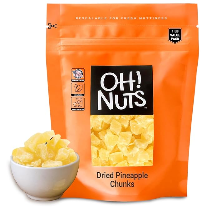 Oh! Nuts Dried Pineapple Chunks - Dried Pineapple - Pineapple Dried Fruit - 1 lb - Dehydrated Fruit with Less Sugar Added