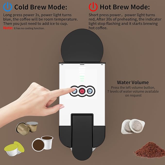 KOTLIE 19Bar Single Serve Coffee Maker, 5in1 Espresso Machine for Keu* kcup Capsules/Nespresso Original/Dolce Gusto/Ground Coffee/44mm ESE, Level 7 Water volume, Hot&Cold Brew Coffee Machine