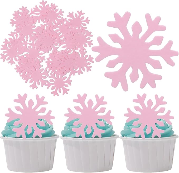 50PCS Edible Snowflakes Cupcake Toppers Pink Snowflakes Cake Decorations Wafer Paper Snowflake Cake Sprinkles for Christmas Winter Holiday Frozen Theme Party Supplies Pink-01
